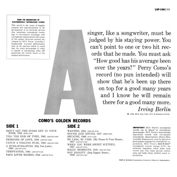 Como's Golden Records Circa 1958