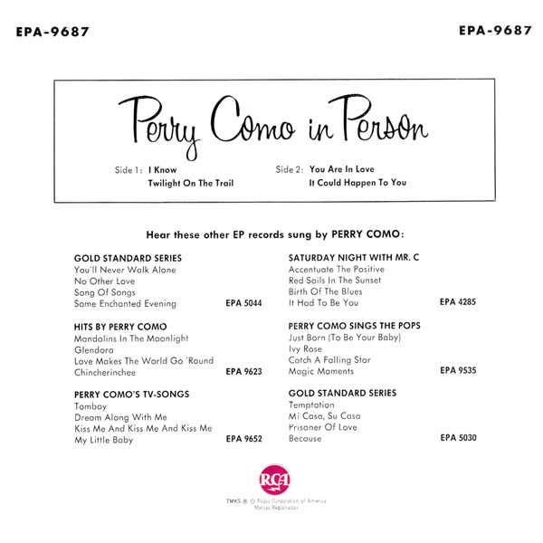 Perry Como In Person ~ UK Extended Play