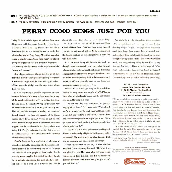 Perry Como Sings Just For You - 1958