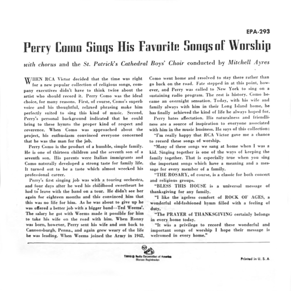Perry Como Sings His Favorite Songs of Worship