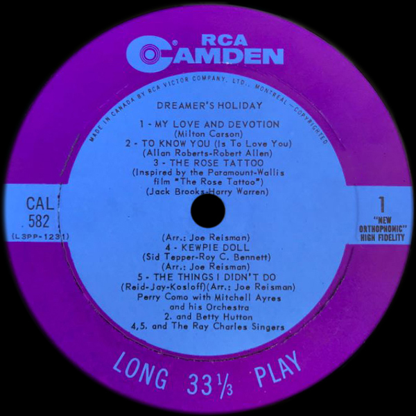 Dreamer's Holiday RCA Camden album CAL 582 released in 1960