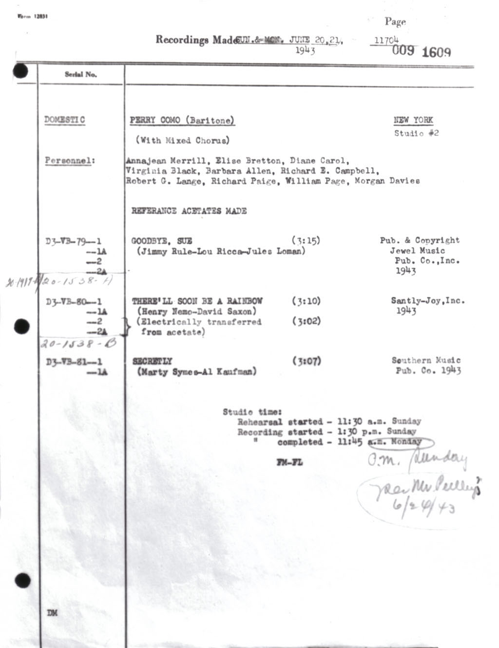 PAGE ONE IN PERRY COMO'S RCA RECORDING CAREER - Reproduced in this photograph is the actual "recording page" which documents Perry Como's first recording session which occurred on June 20, 1943 and resulted in the release of his debut RCA record, "Goodbye Sue."